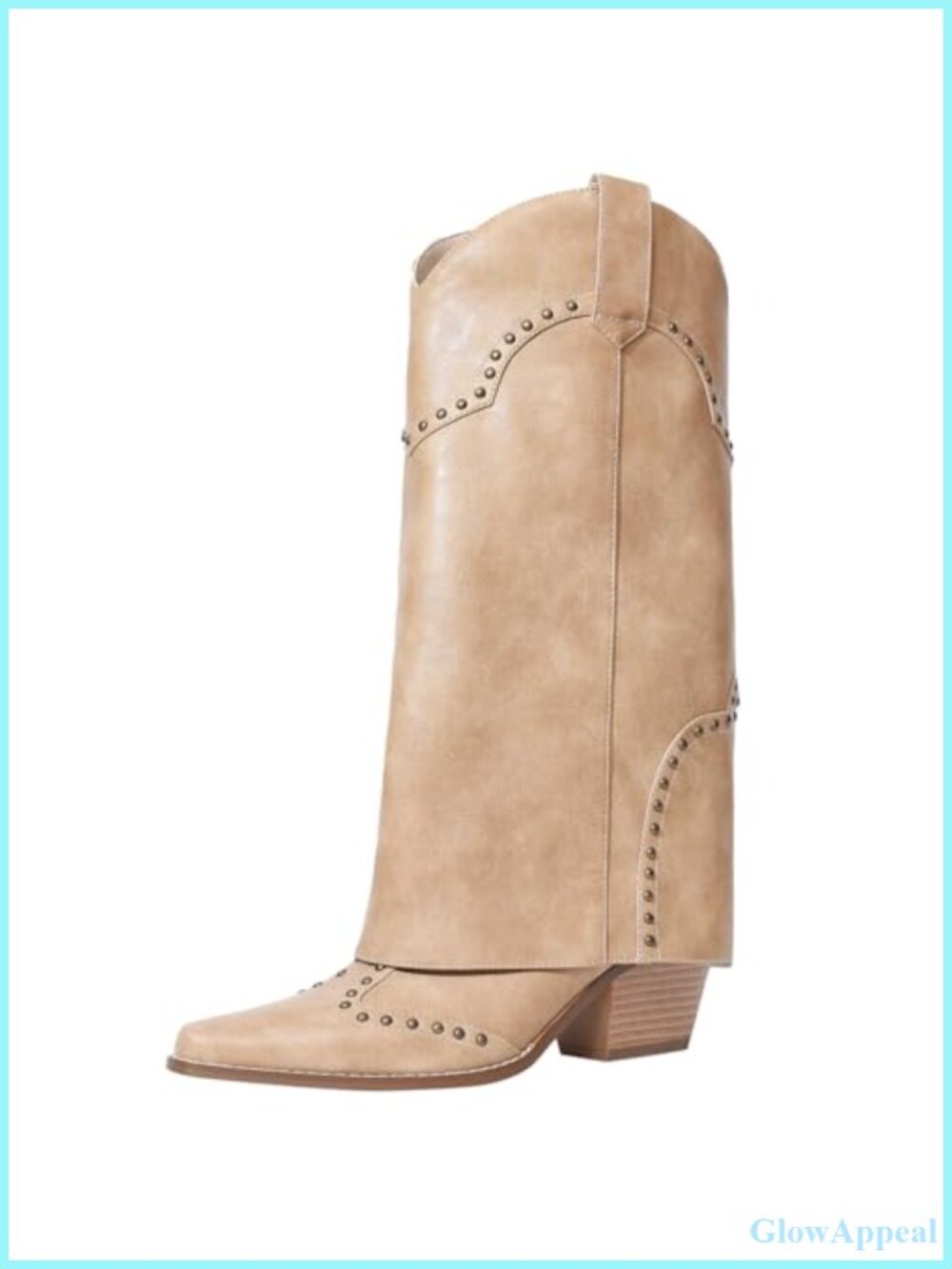 Faux Leather Knee High Cowboy Boots Fold Over Block Heel Western Women